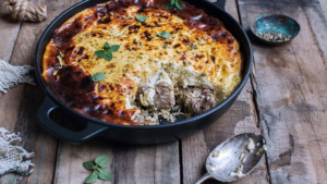 Albanian Yogurt Casserole with Lamb